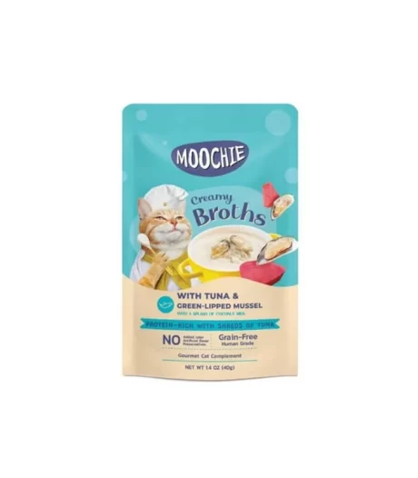 Moochie Parça Ton Balıklı ve Yeşil Dudaklı Midyeli Tahılsız Kedi Çorbası 40gr